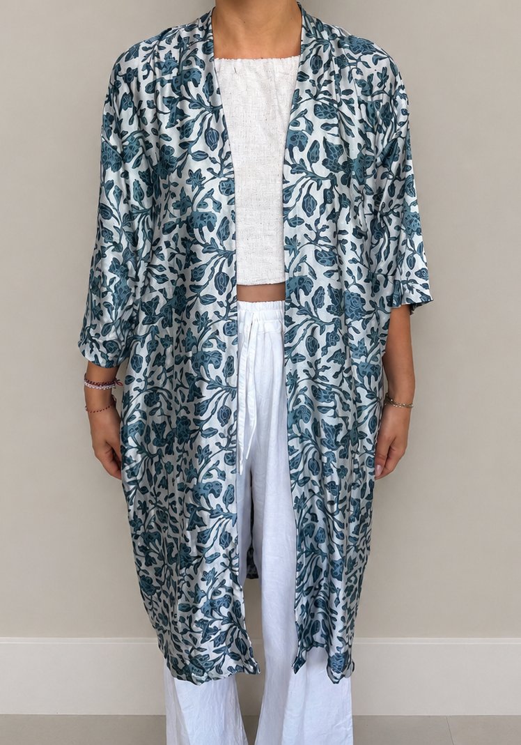 Kimono Long Satiné Bleu Azur