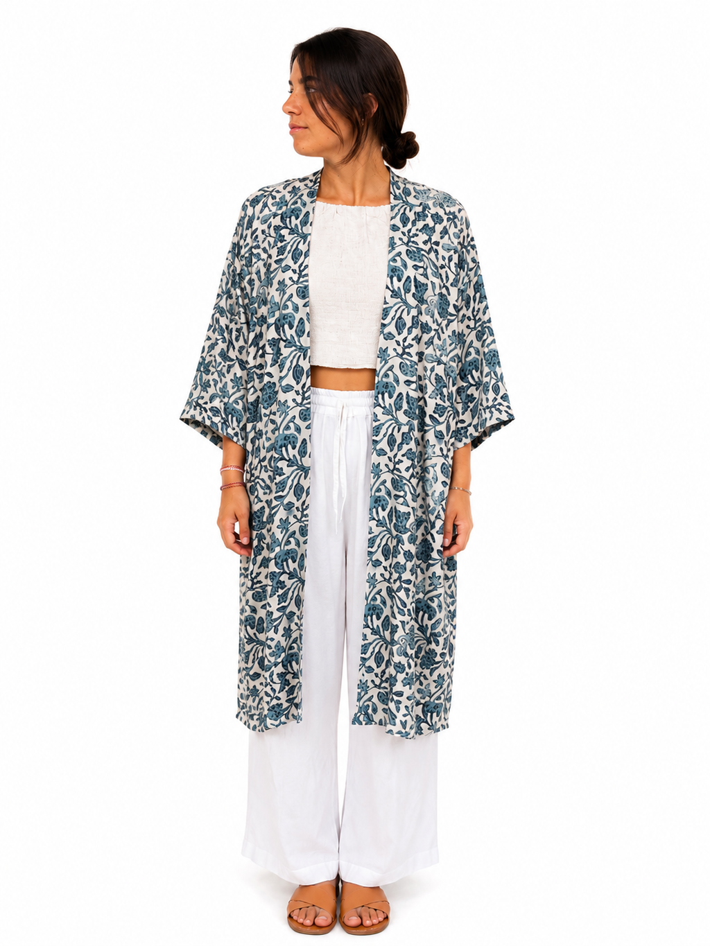 Kimono Satin Fleuri Bleu
