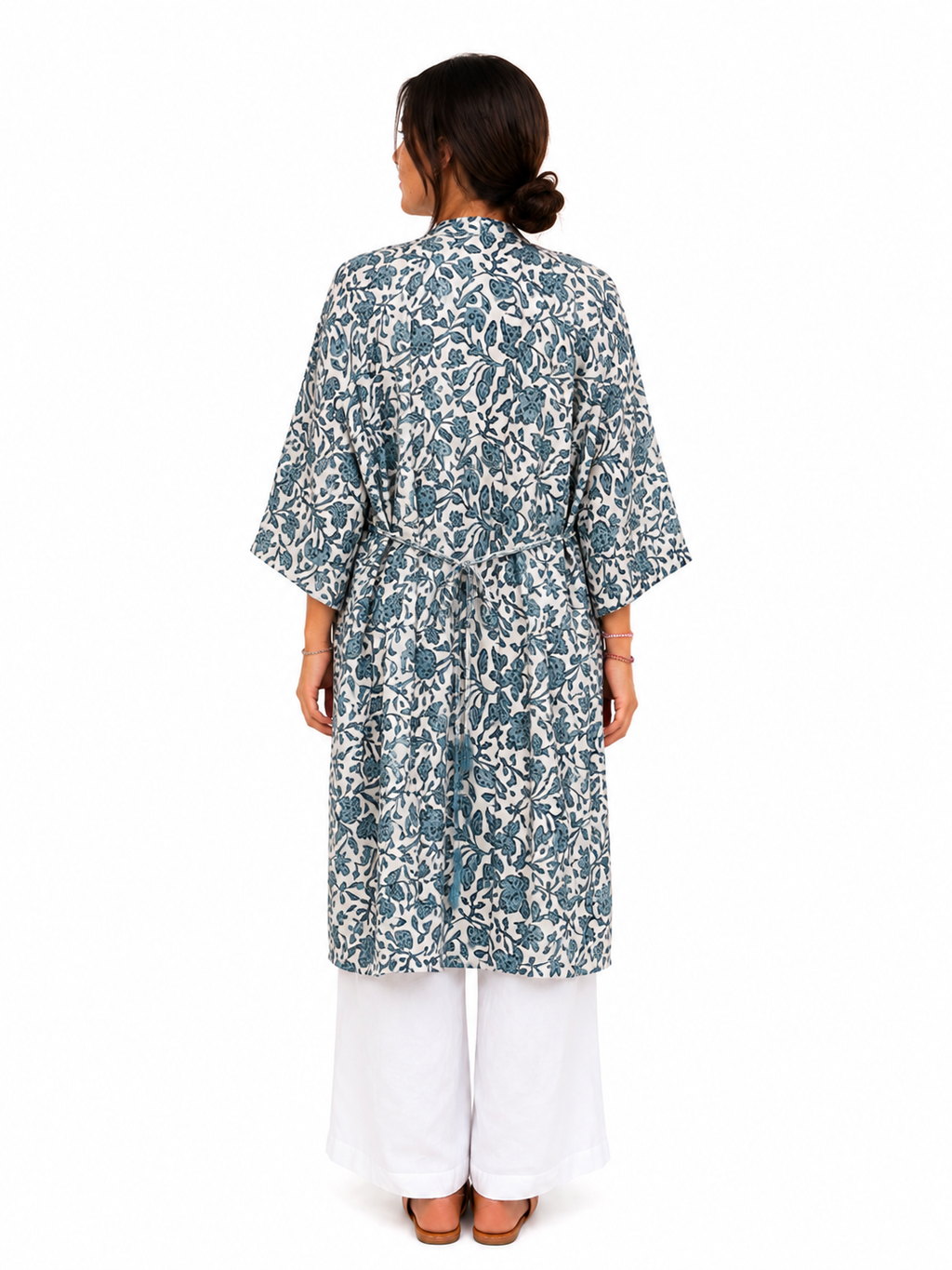 Kimono Satin Fleuri Bleu