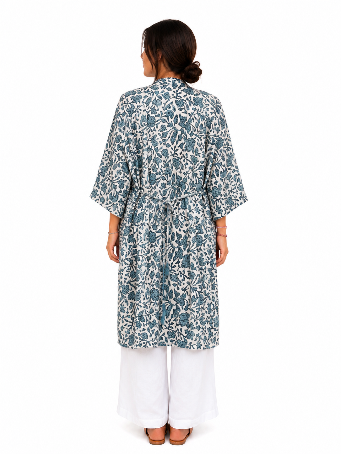 Kimono Satin Fleuri Bleu