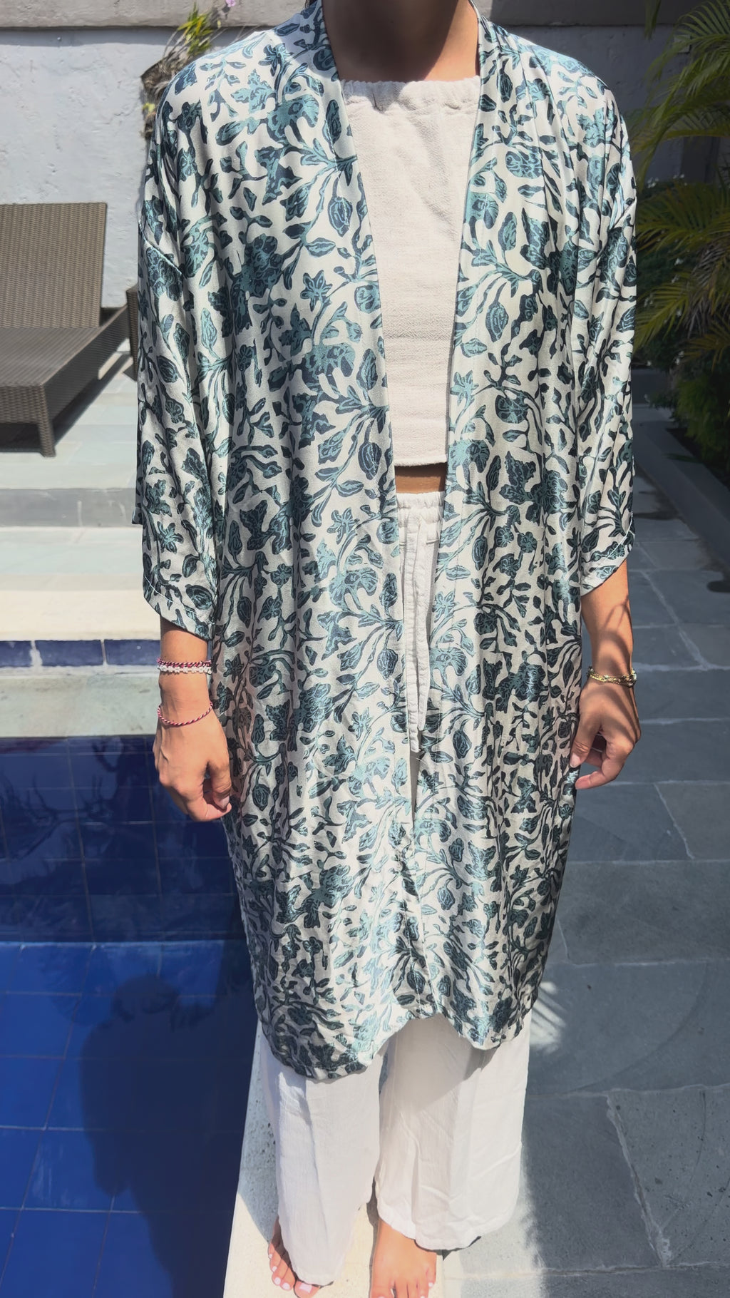 Kimono Long Satiné Bleu Azur